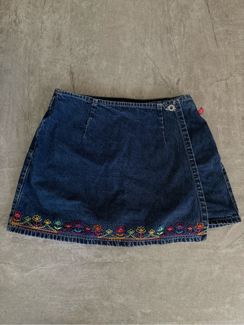 Vintage Route 66 Dark Blue Denim Mini Skirt with Rainbow Floral Embroidery